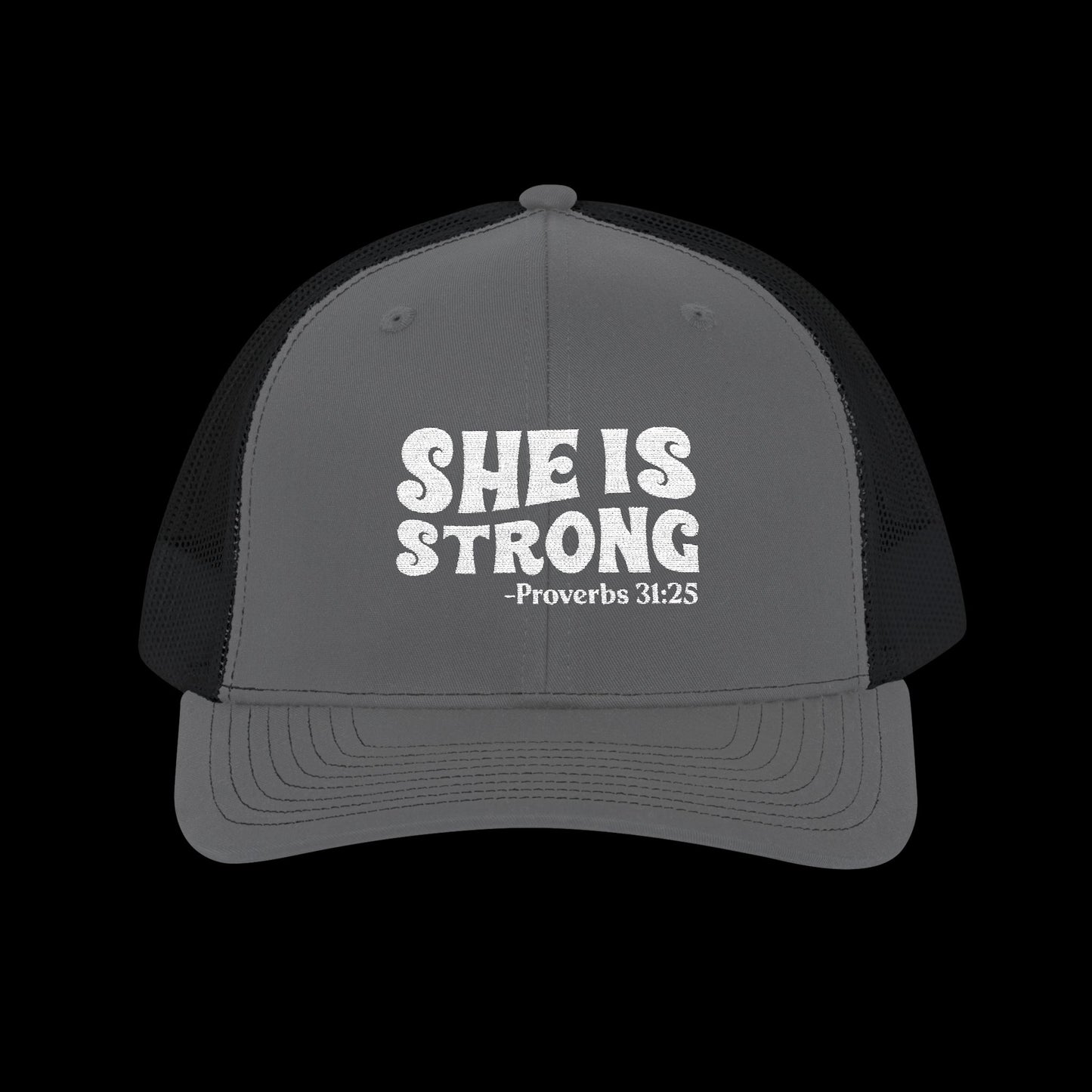 Embroidered "She Is Strong - Proverbs 31:25" Trucker Cap