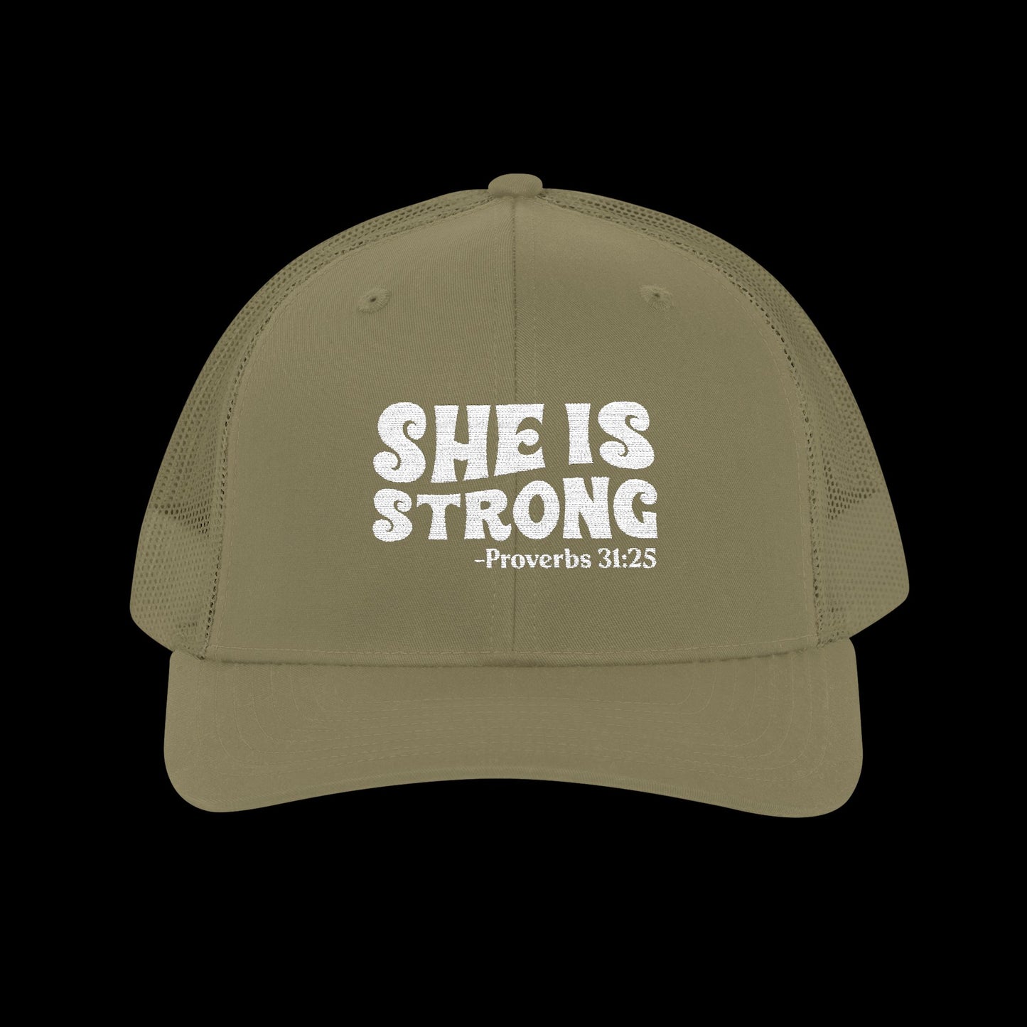 Embroidered "She Is Strong - Proverbs 31:25" Trucker Cap