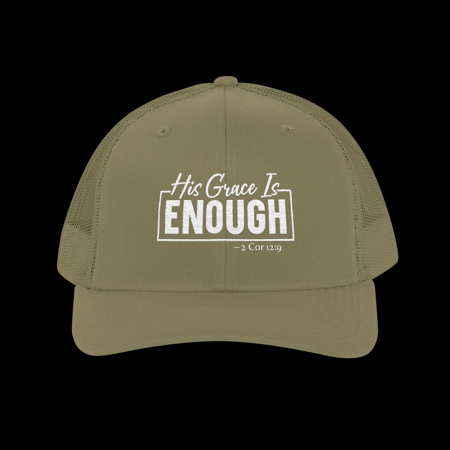 Embroidered "His Grace Is Enough - 2 Cor 12:9" Trucker Hat