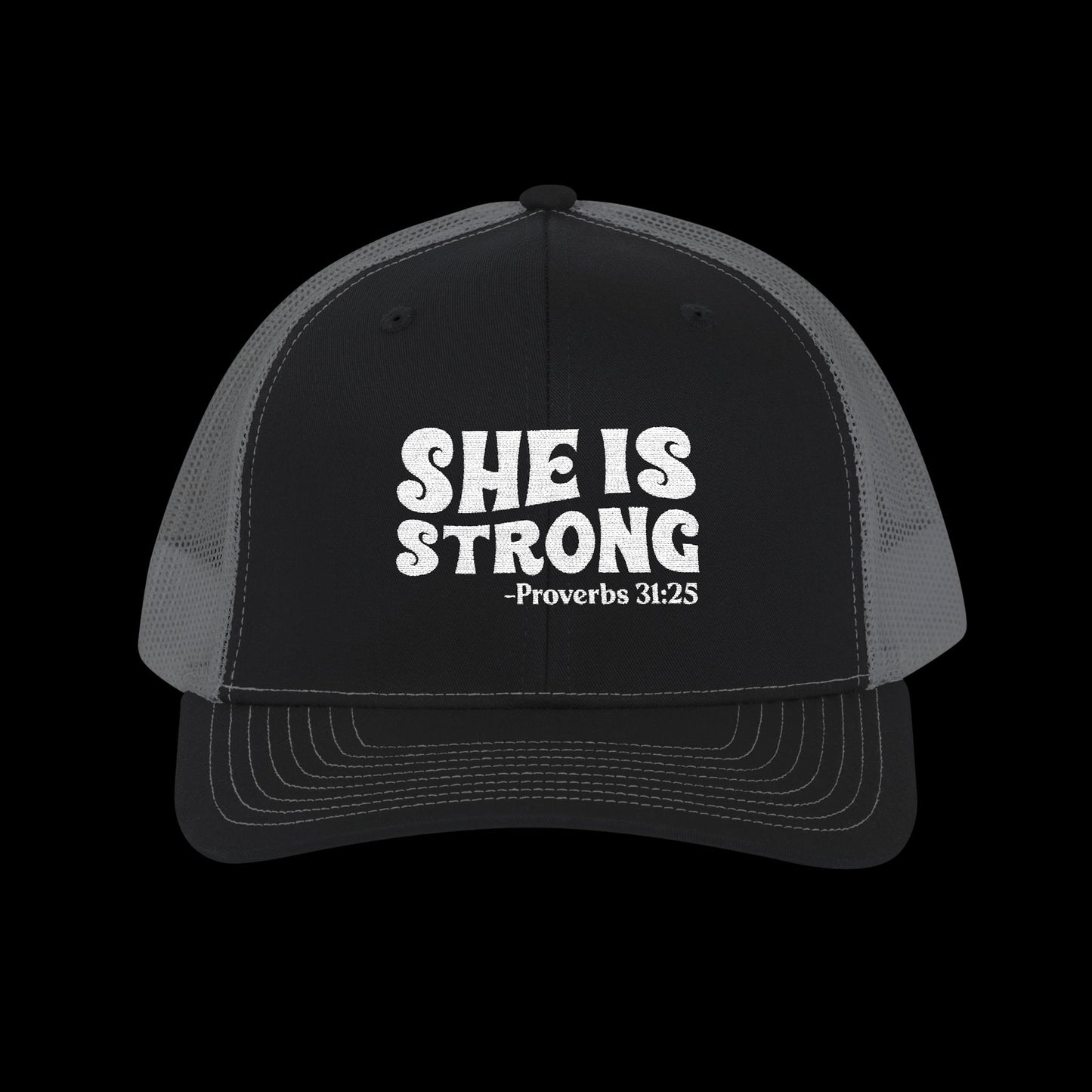 Embroidered "She Is Strong - Proverbs 31:25" Trucker Cap