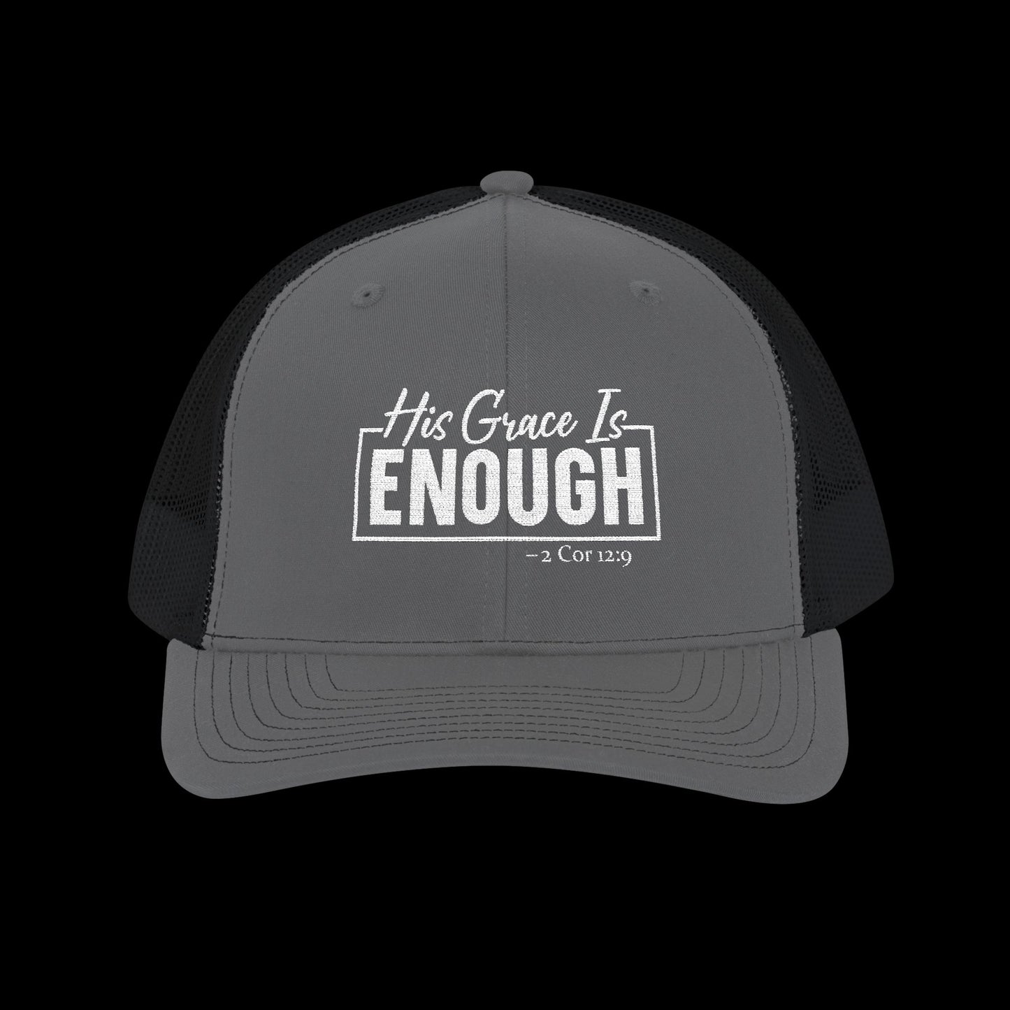 Embroidered "His Grace Is Enough - 2 Cor 12:9" Trucker Hat