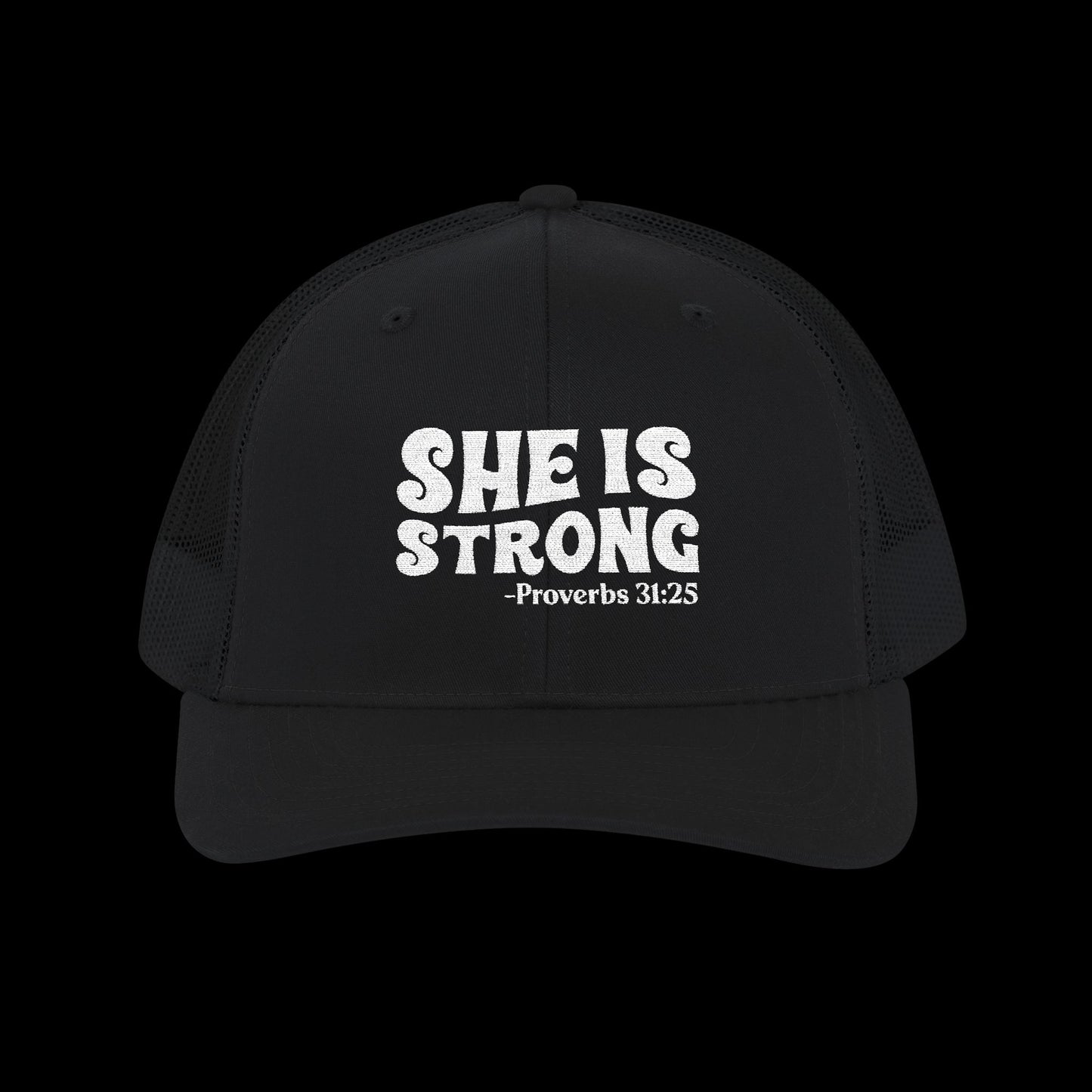 Embroidered "She Is Strong - Proverbs 31:25" Trucker Cap