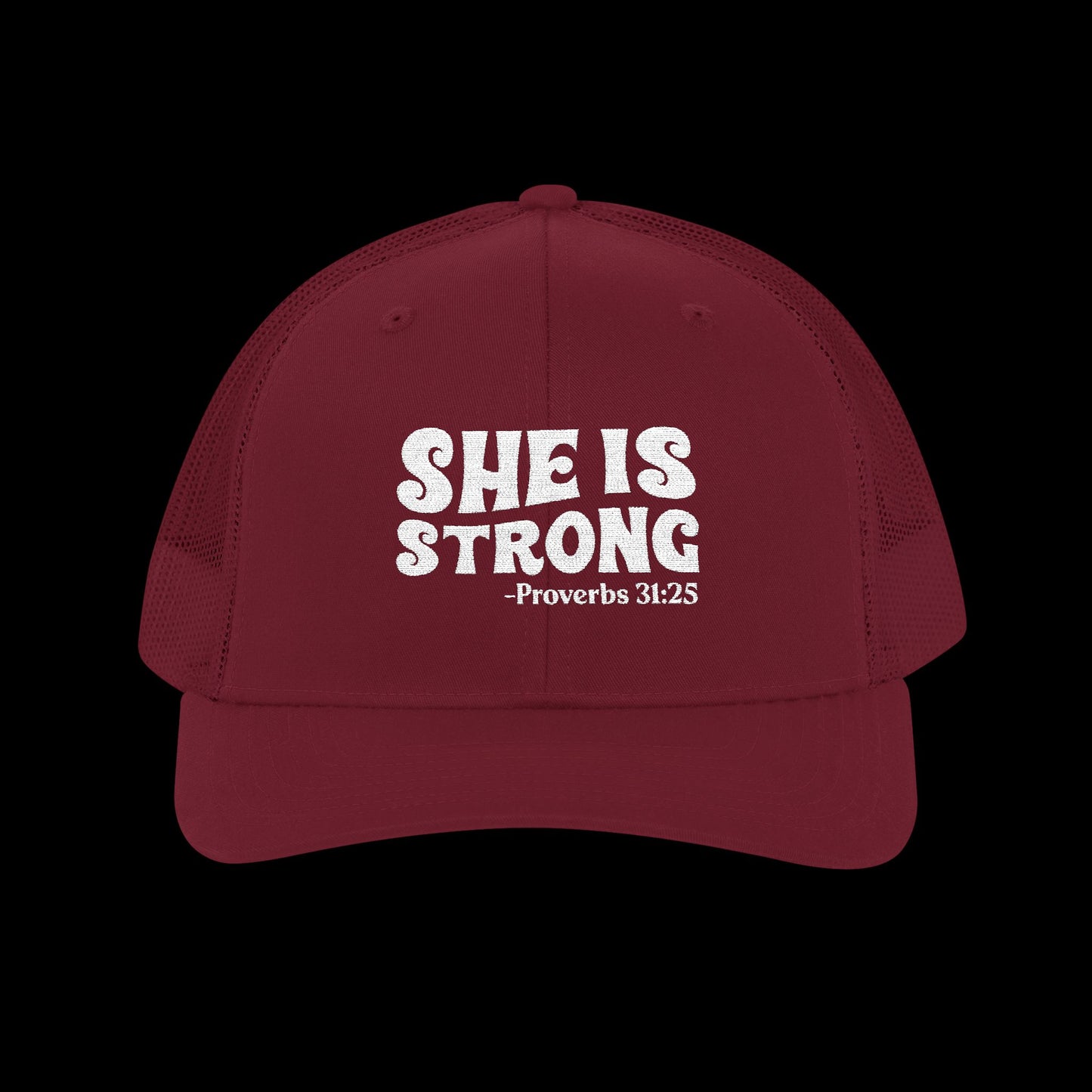 Embroidered "She Is Strong - Proverbs 31:25" Trucker Cap