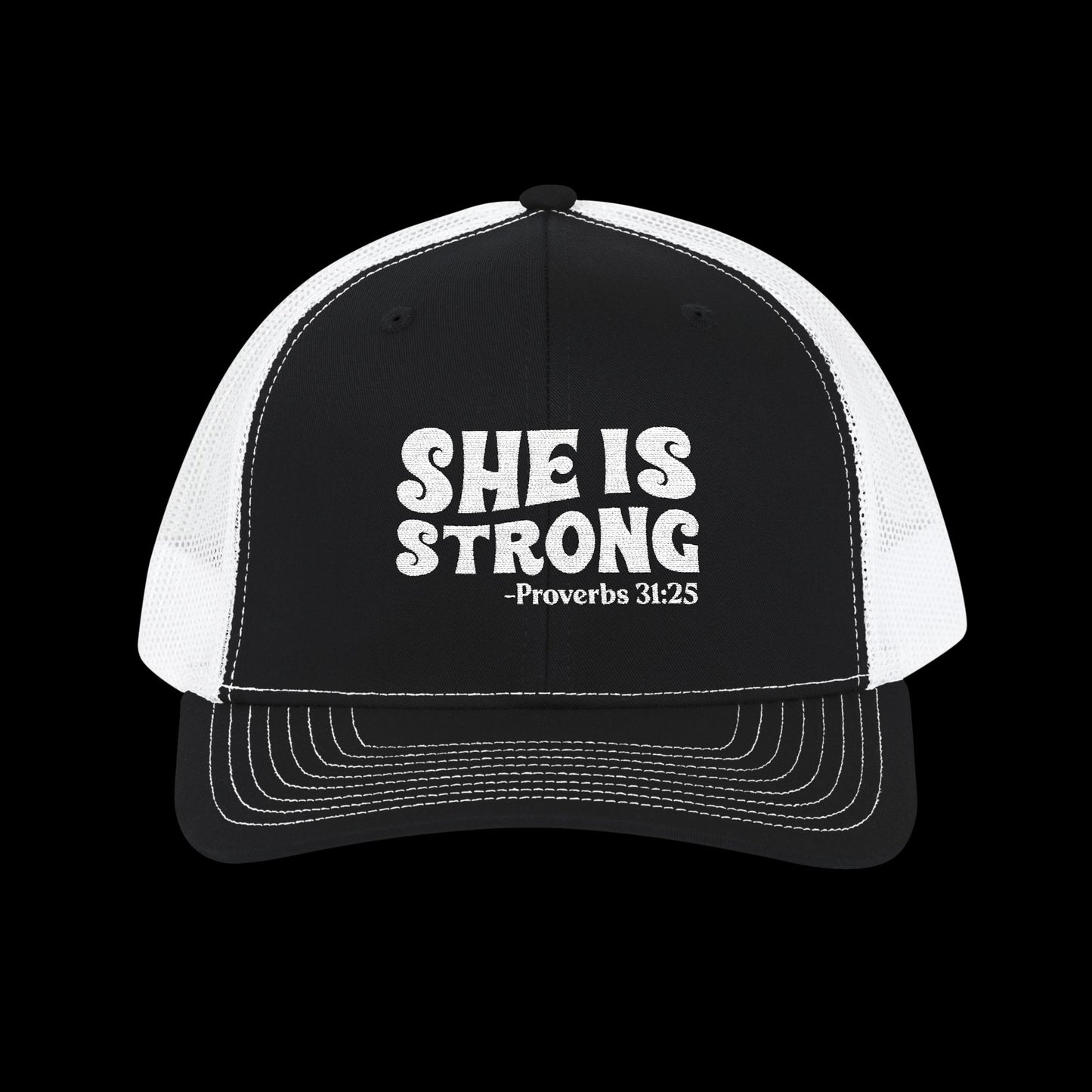 Embroidered "She Is Strong - Proverbs 31:25" Trucker Cap