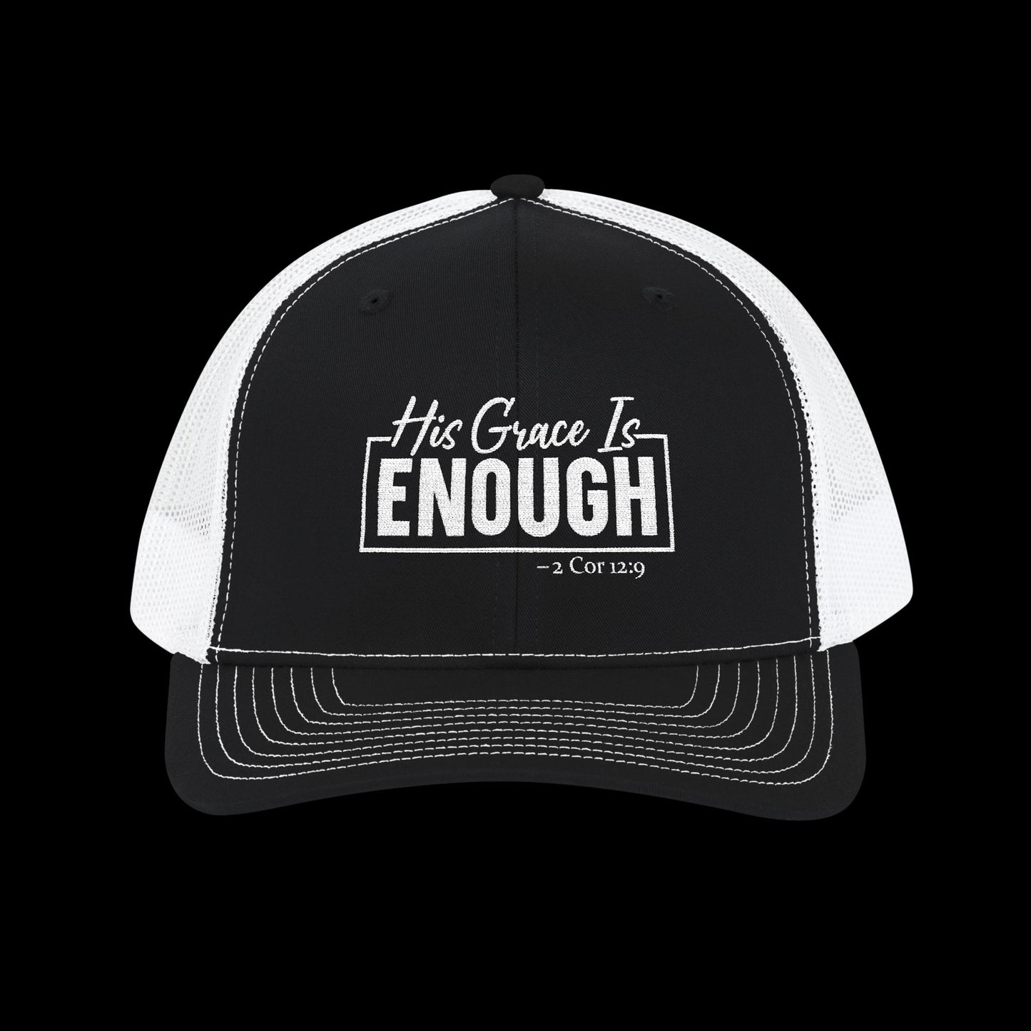 Embroidered "His Grace Is Enough - 2 Cor 12:9" Trucker Hat