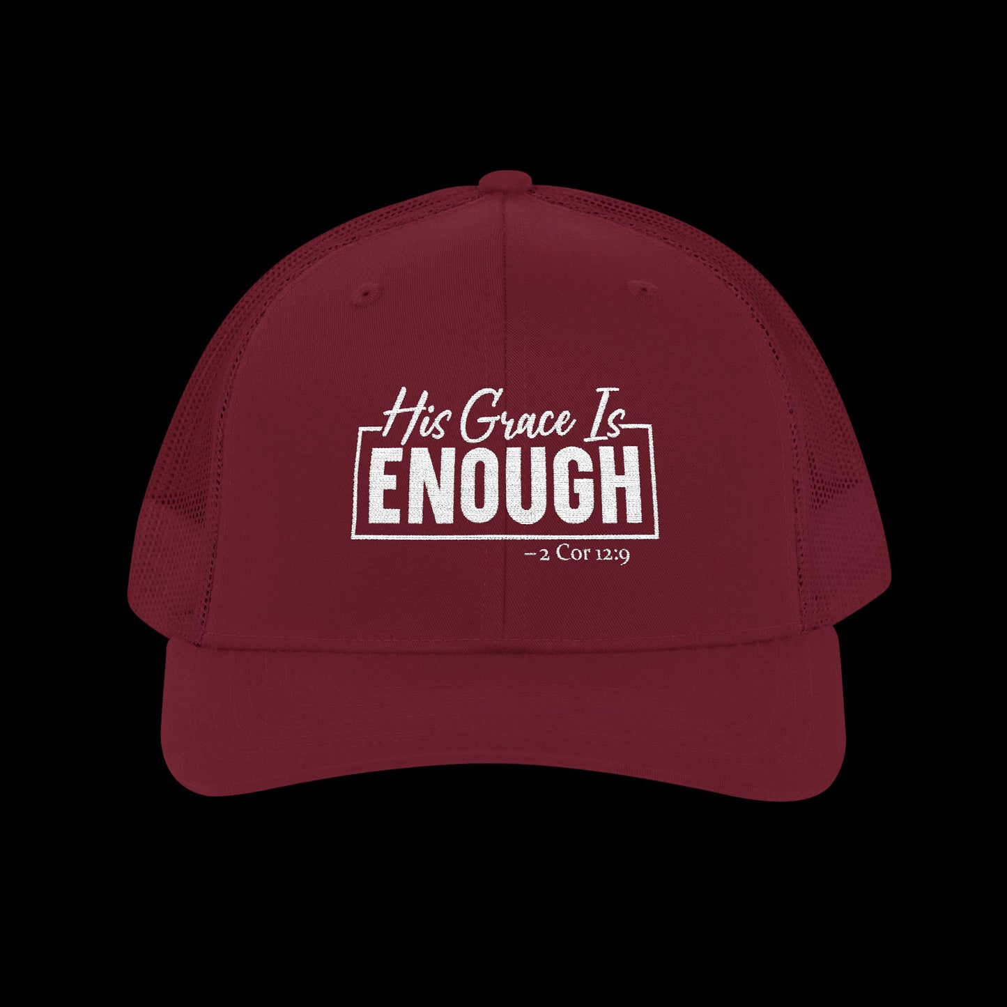Embroidered "His Grace Is Enough - 2 Cor 12:9" Trucker Hat