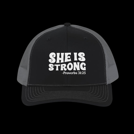 Embroidered "She Is Strong - Proverbs 31:25" Trucker Cap